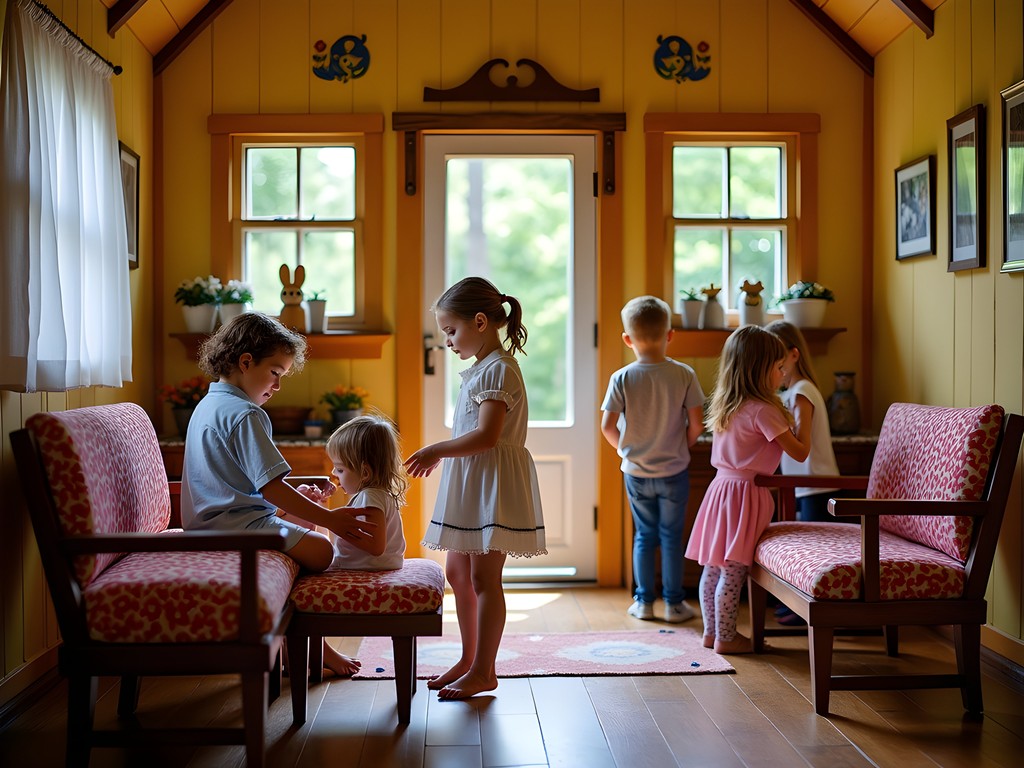 Children playing in Swedish cottage exhibit at Swedish American Museum in Chicago