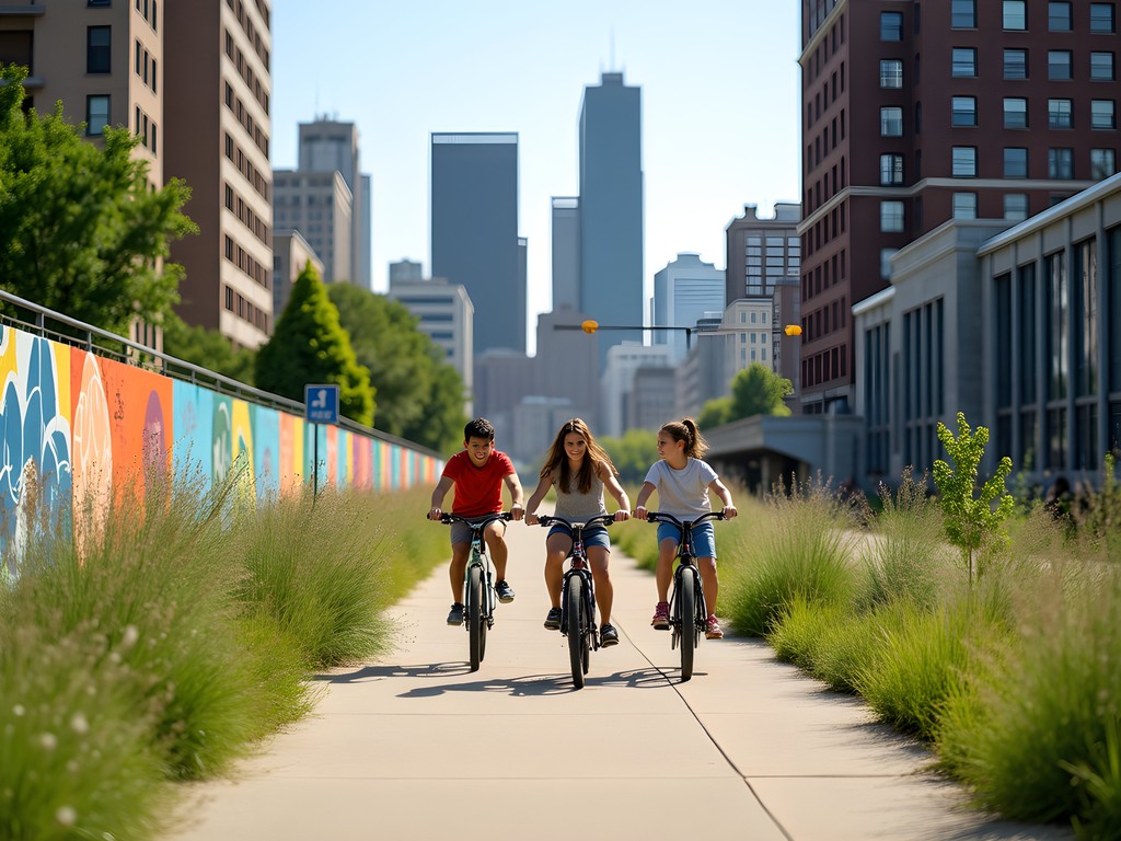 Family biking along Chicago's 606 elevated trail with city views