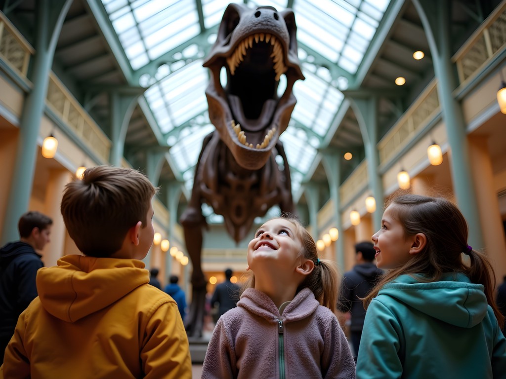 Children examining SUE the T-Rex at Field Museum with autumn decorations visible