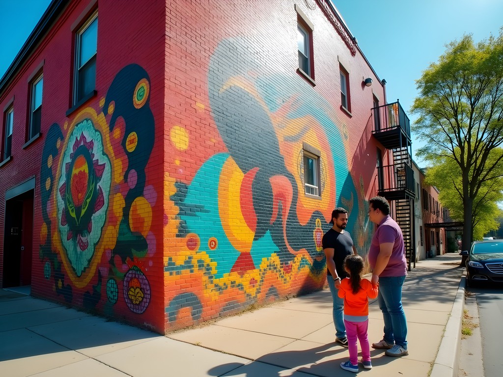 Family admiring colorful street art murals in Chicago's Pilsen neighborhood