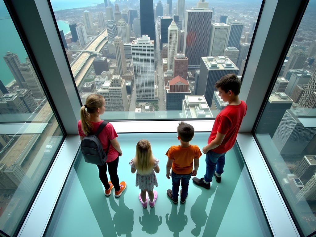 Family experiencing the glass ledge at Willis Tower Skydeck with Chicago sprawling below
