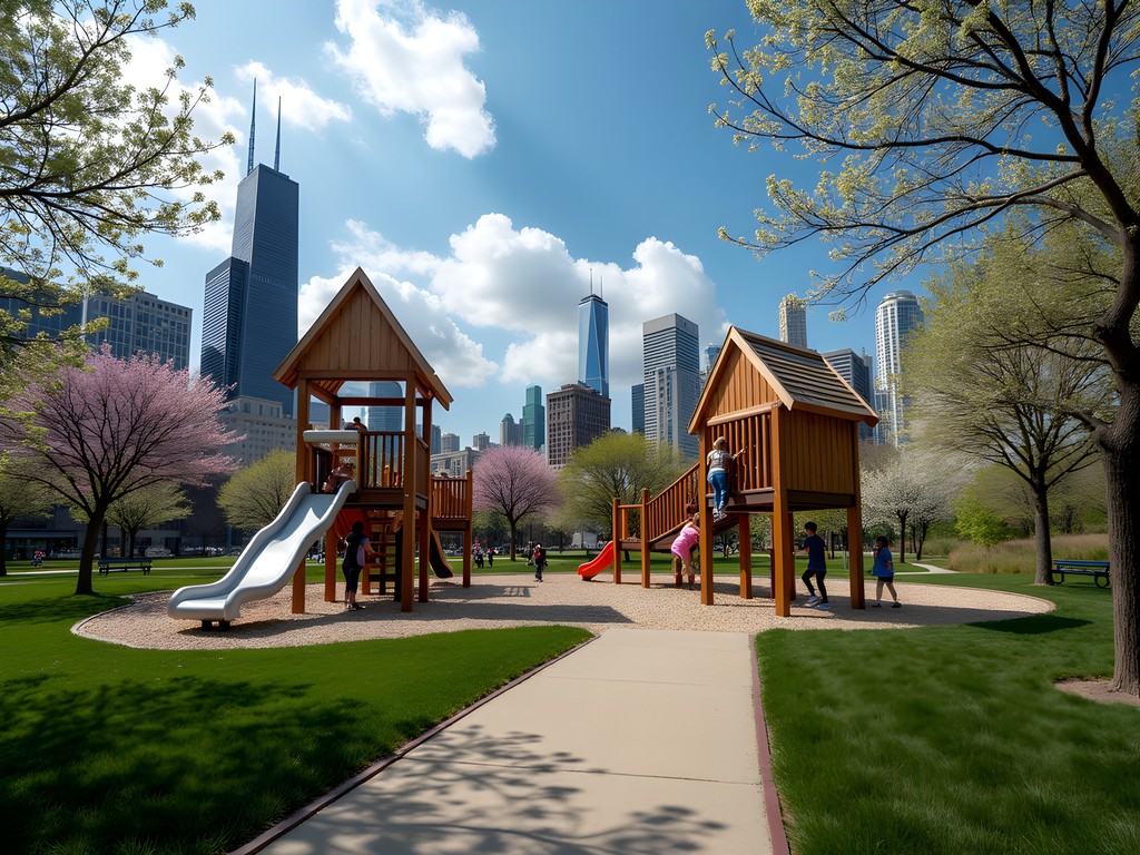 Children playing on climbing structures at Maggie Daley Park in Chicago during spring