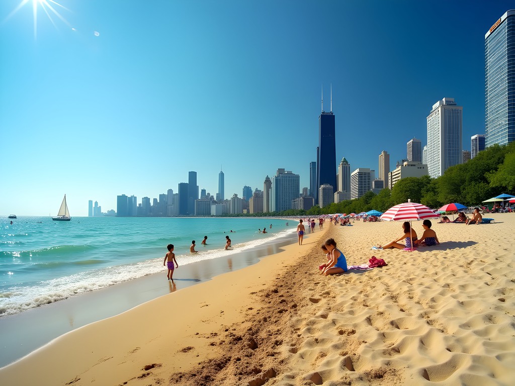 Families enjoying summer day at North Avenue Beach with Chicago skyline in background