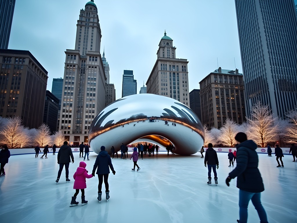 Families ice skating in Millennium Park with Cloud Gate sculpture and Chicago skyline in winter