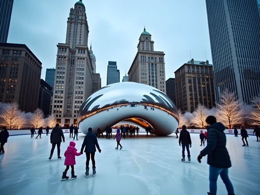 Families ice skating in Millennium Park with Cloud Gate sculpture and Chicago skyline in winter