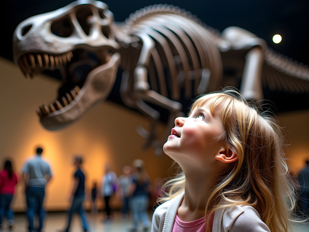 Young girl looking up in awe at SUE the T-Rex skeleton at Chicago's Field Museum