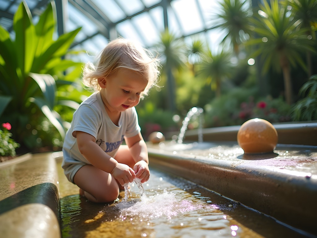 Child playing in the interactive water features at Garfield Park Conservatory Children's Garden