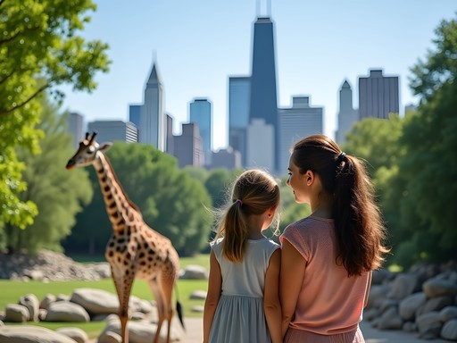Mother and daughter observing giraffes at Lincoln Park Zoo with Chicago skyline visible in background