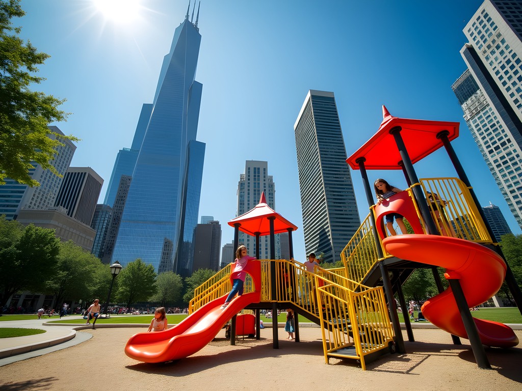 Children playing on innovative climbing structures at Maggie Daley Park with Chicago skyline in background