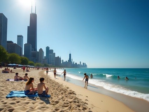 Family enjoying North Avenue Beach with Chicago skyline view