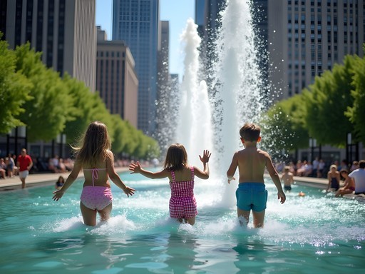 Children playing in Crown Fountain at Millennium Park Chicago during summer