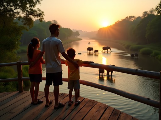 Family observing elephants from viewing platform in Chitwan National Park