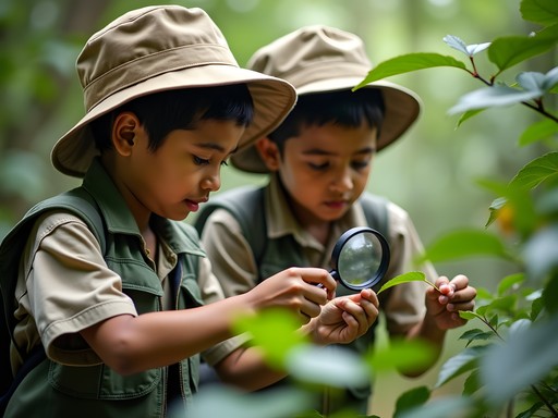 Children examining plants with magnifying glasses during guided nature walk in Chitwan