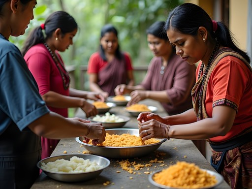 Family participating in traditional Tharu cooking class in Chitwan