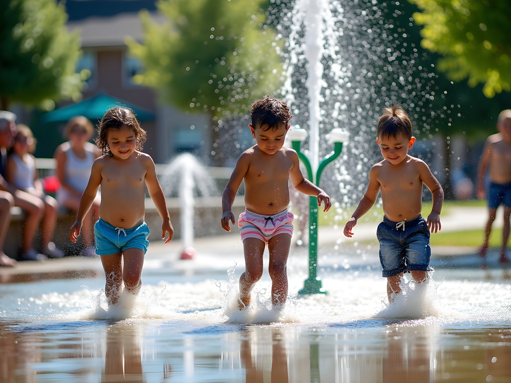 Children playing at Cicero Community Splash Pad on a sunny spring day