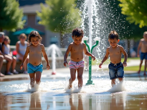 Children playing at Cicero Community Splash Pad on a sunny spring day