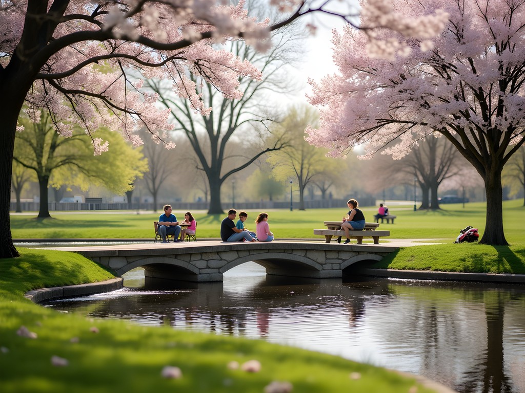 Families enjoying Columbus Park in Cicero during spring with blooming trees