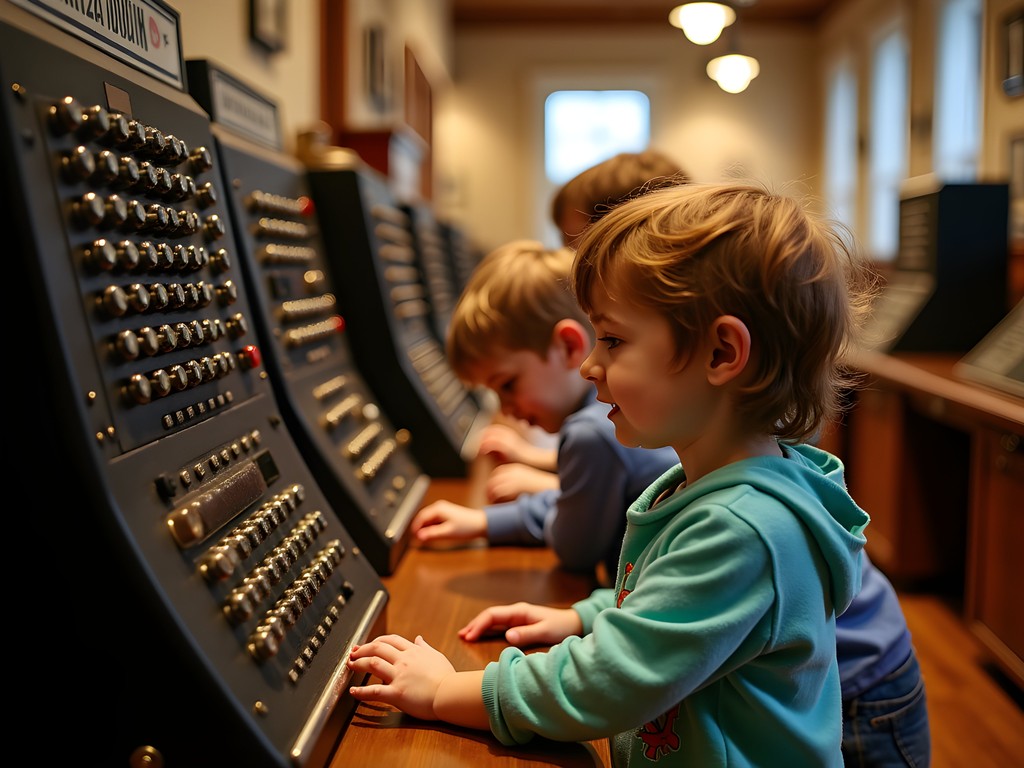 Children interacting with vintage telephone equipment at Hawthorne Works Museum in Cicero