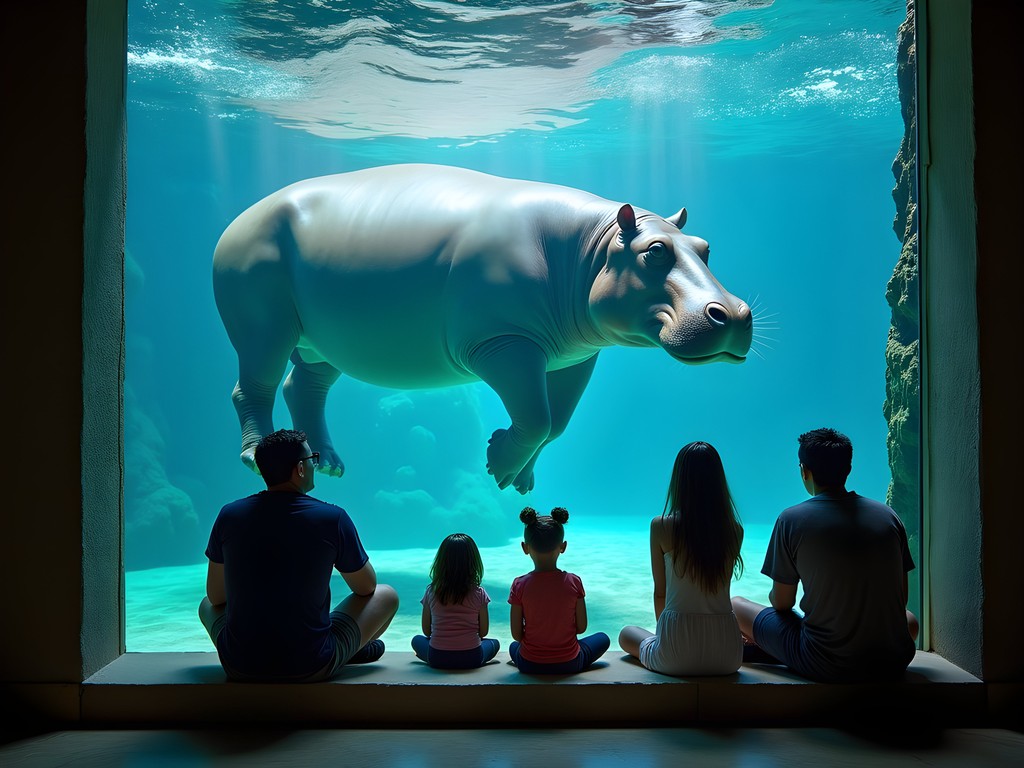 Families watching Fiona the hippo at Cincinnati Zoo underwater viewing area