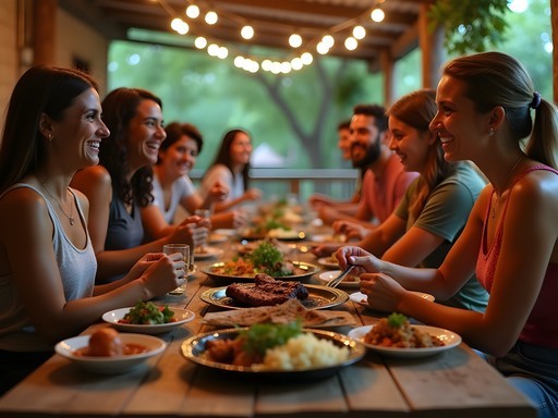 Multi-generational family enjoying a traditional Paraguayan meal outdoors