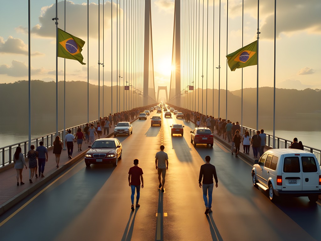 Friendship Bridge connecting Paraguay and Brazil with travelers crossing
