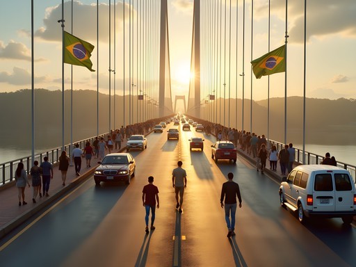 Friendship Bridge connecting Paraguay and Brazil with travelers crossing