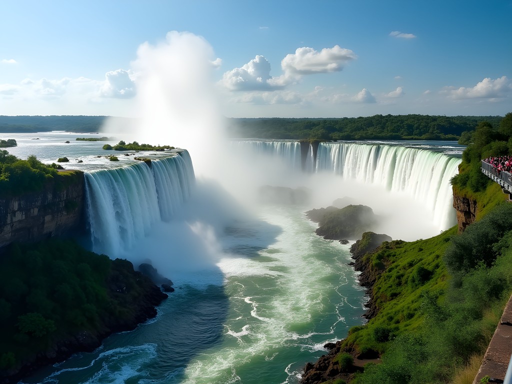 Panoramic view of Iguazu Falls from Brazilian side with rainbow and mist