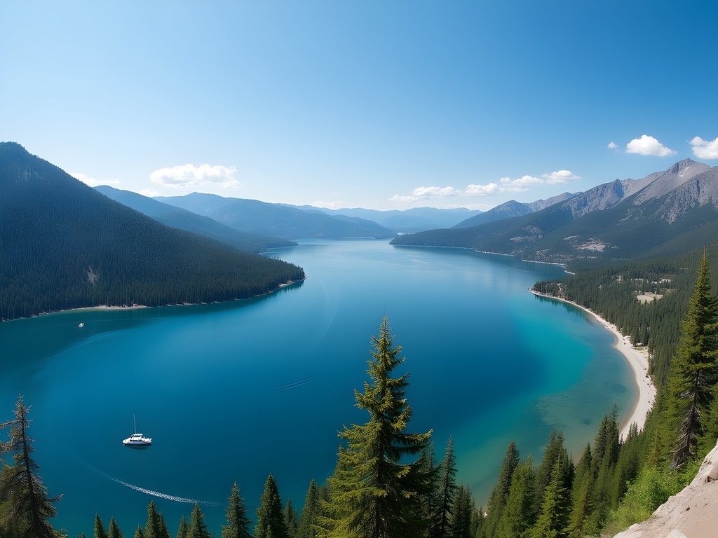 Panoramic view of Lake Coeur d'Alene with mountains in background