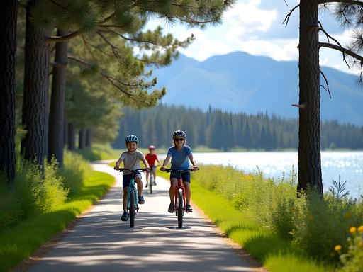 Family cycling on the North Idaho Centennial Trail with lake views