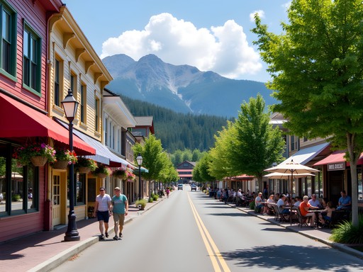 Family walking through downtown Coeur d'Alene with shops and restaurants