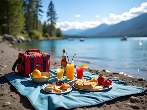 Family enjoying picnic on Lake Coeur d'Alene shore with mountain backdrop