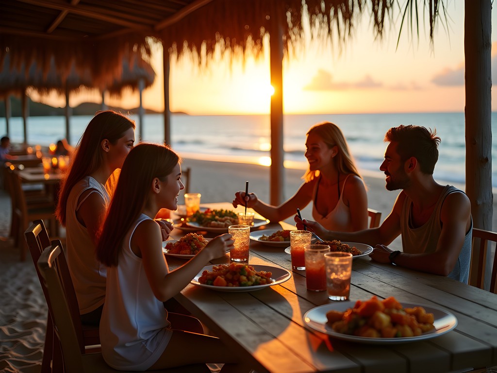 Family enjoying sunset dinner at beachfront restaurant in Sint Maarten