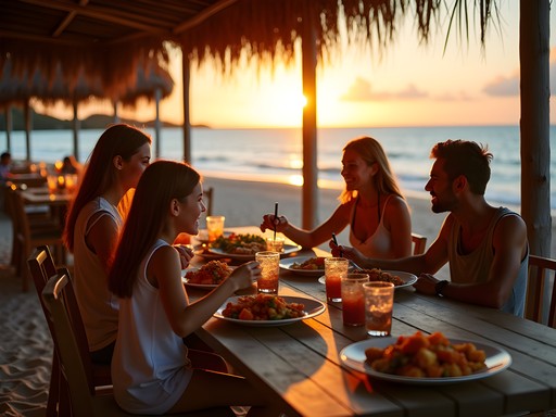 Family enjoying sunset dinner at beachfront restaurant in Sint Maarten