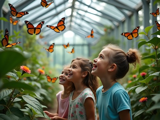 Children observing colorful butterflies at the Butterfly Farm near Marigot