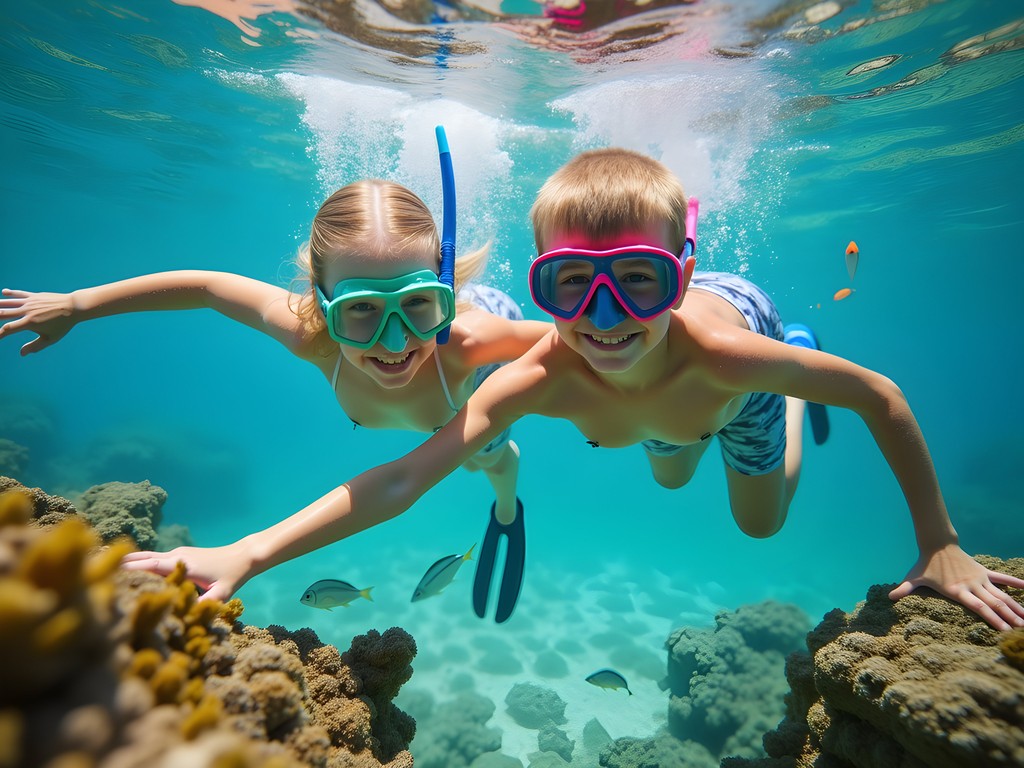 Children snorkeling in clear waters near Creole Rock Sint Maarten