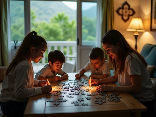 Family working on puzzle during tropical rain shower in Sint Maarten vacation rental