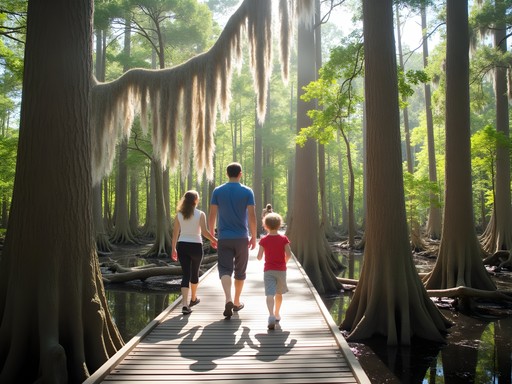 Family walking on elevated boardwalk through ancient cypress trees in Congaree National Park