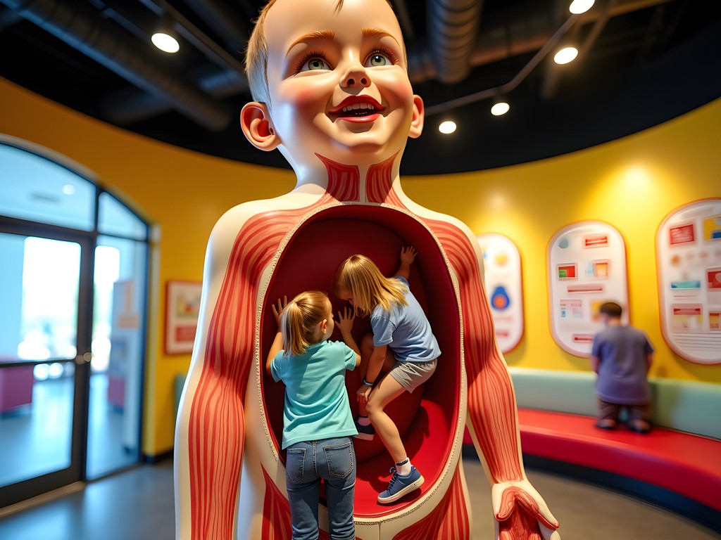Children climbing inside EDDIE, the giant child exhibit at EdVenture Children's Museum
