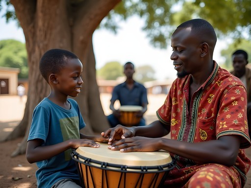 Children participating in traditional drumming workshop in Conakry