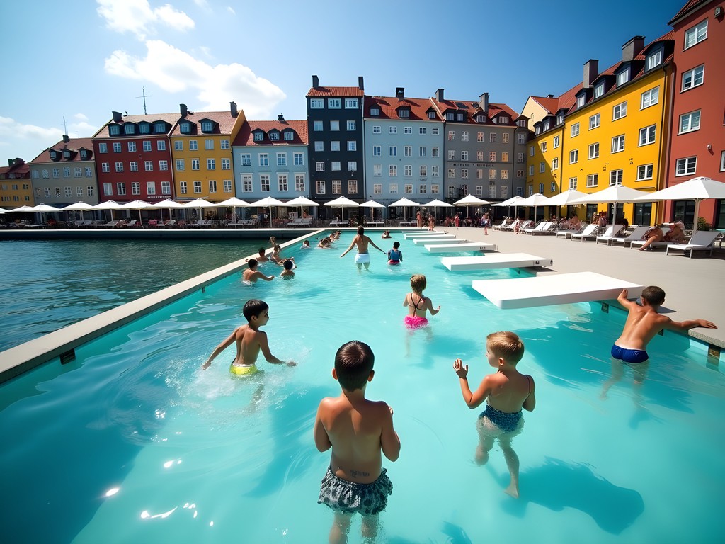 Children swimming in Islands Brygge Harbor Bath with Copenhagen skyline