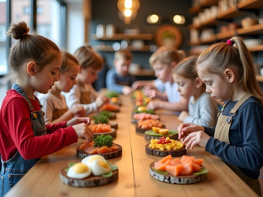 Children preparing traditional Danish smørrebrød open-faced sandwiches