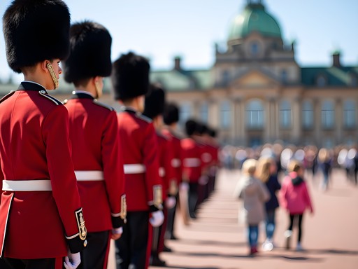 Royal Guards marching during changing ceremony at Amalienborg Palace with families watching