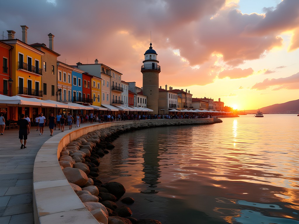 Colorful sunset over the Venetian harbor of Chania with families strolling along the waterfront promenade