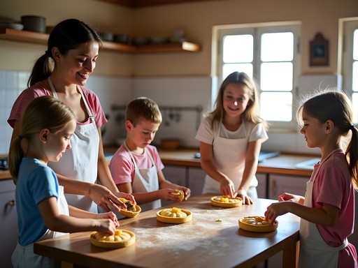 Children participating in a traditional Cretan cooking class making cheese pies with a local instructor