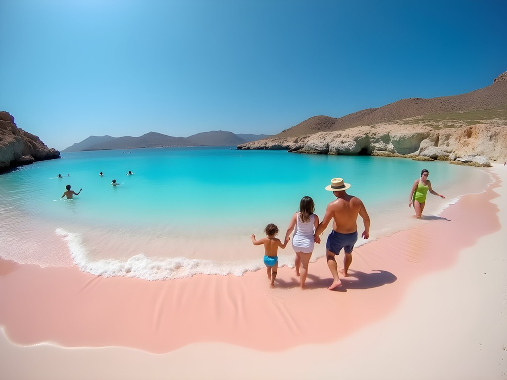 Pink sands of Elafonisi Beach in Crete with turquoise waters and families enjoying the shallow lagoon