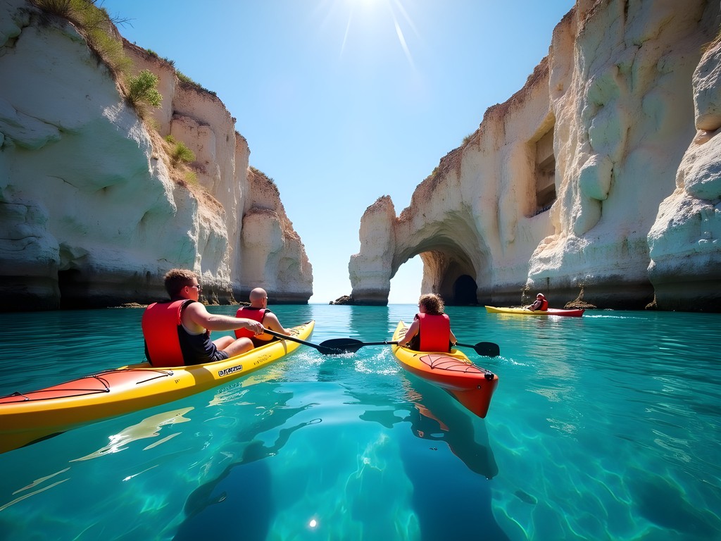 Family kayaking along the dramatic coastline of Crete with sea caves and crystal clear waters