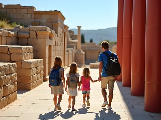 Family exploring the colorful reconstructed Palace of Knossos in Crete with children engaged in the mythological stories