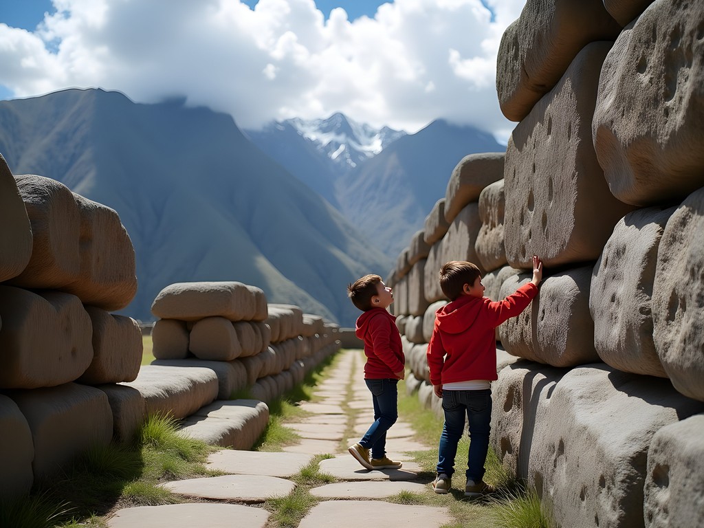 Children exploring ancient stone structures at Ollantaytambo archaeological site in Peru