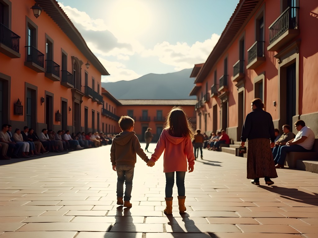 Family exploring Plaza de Armas in Cusco with colonial architecture and Andes mountains in background