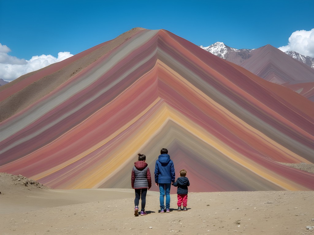 Family admiring the colorful striations of Palcoyo Rainbow Mountain in Peru